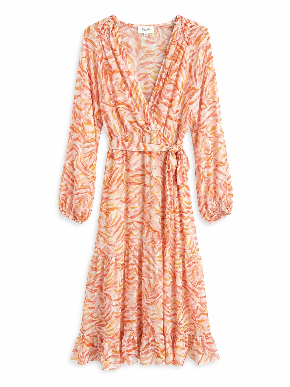 Grace & Mila Cecile Orange Leaf Print Sheer Midi Dress Size M